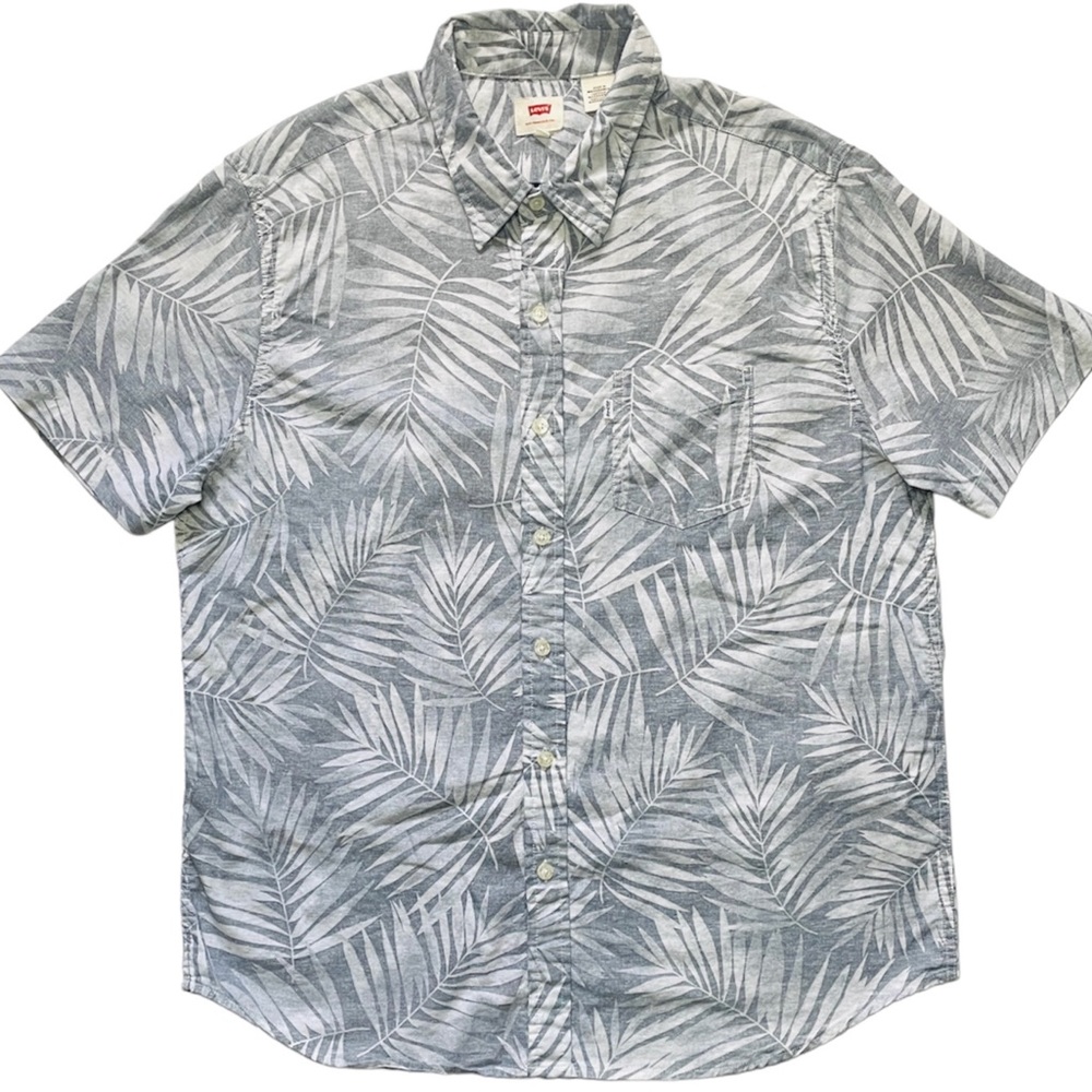 LEVIS Mens Large Shirt Gray Hawaiian Short Sleeve Floral Button Up Slim Summer